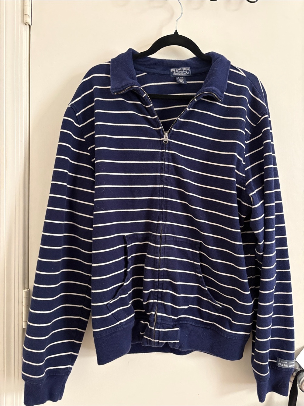 Ralph Lauren Navy and White Striped Zip-Up Sweater SZ XL